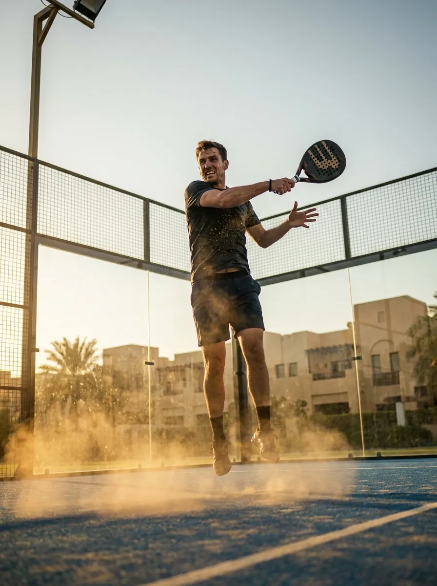 A padel player mid-swing on a Dubai court at golden hour